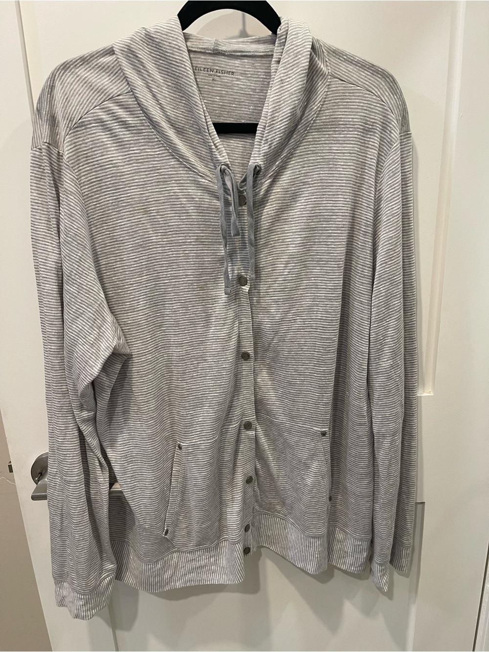Eileen Fisher Light Gray Striped 100% Linen Cardigan Hoodie sz XL